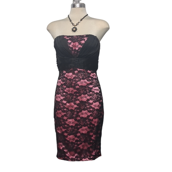 Black and Pink Gorgeous Satin and Black Lace Strapped Dress Size SP - Picture 2 of 10